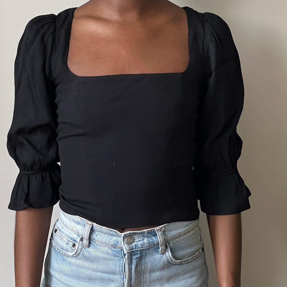 Reformation Black Ana Top Square Neck Puff Sleeve Blouse XS